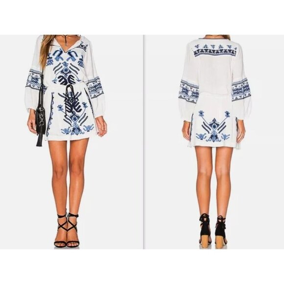 NWT Free People Anouk Ivory Combo Blue Embroidered Mini Dress Tunic Size Small - Picture 1 of 16